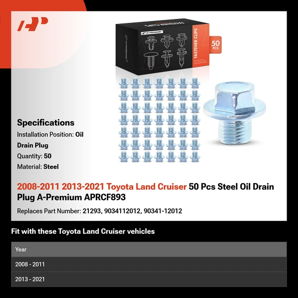 2008-2011 2013-2021 Toyota Land Cruiser 50 Pcs Steel Oil Drain Plug A-Premium APRCF893