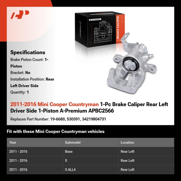 2011-2016 Mini Cooper Countryman 1-Pc Brake Caliper Rear Left Driver Side 1-Piston A-Premium APBC2566