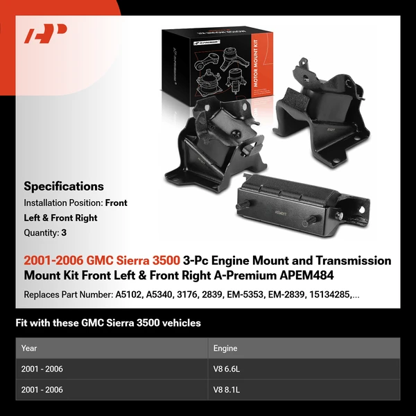 2001-2006 GMC Sierra 3500 3-Pc Engine Mount and Transmission Mount Kit Front Left & Front Right A-Premium APEM484