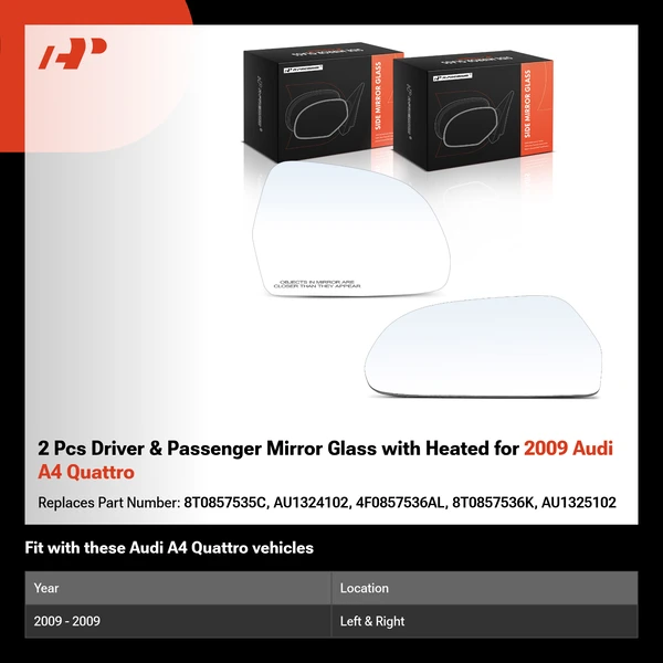 2 Pcs Driver & Passenger Mirror Glass with Heated for 2009 Audi A4 Quattro