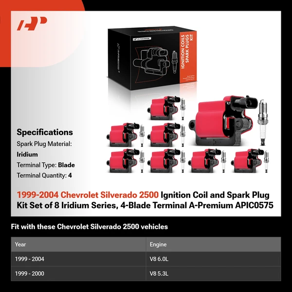 1999-2004 Chevrolet Silverado 2500 Ignition Coil and Spark Plug Kit Set of 8 Iridium Series, 4-Blade Terminal A-Premium APIC0575