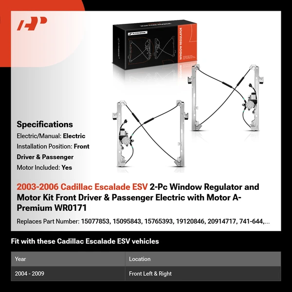 2003-2006 Cadillac Escalade ESV 2-Pc Window Regulator and Motor Kit Front Driver & Passenger Electric with Motor A-Premium WR0171