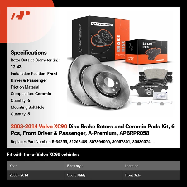 2003-2014 Volvo XC90 Disc Brake Rotors and Ceramic Pads Kit, 6 Pcs, Front Driver & Passenger, A-Premium, APBRPR058