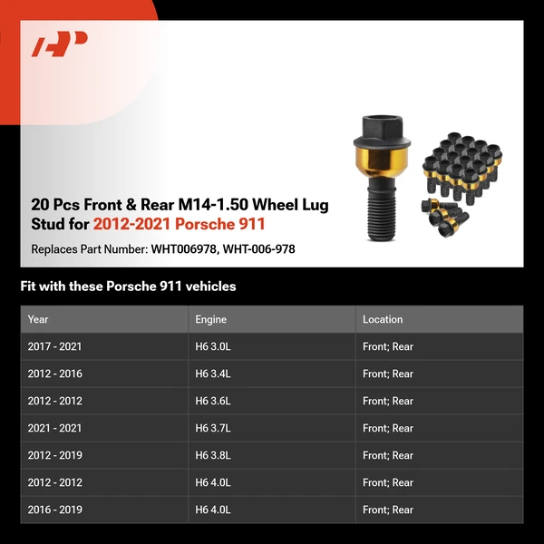 20 Pcs Front & Rear M14-1.50 Wheel Lug Stud for 2012-2021 Porsche 911