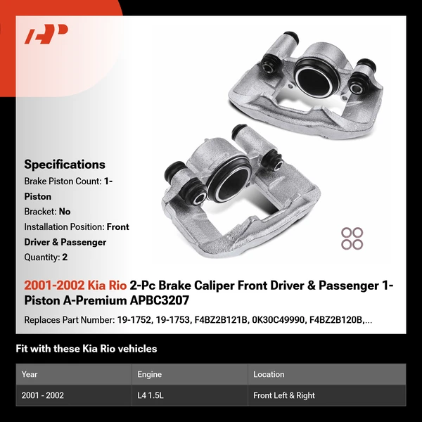 2001-2002 Kia Rio 2-Pc Brake Caliper Front Driver & Passenger 1-Piston A-Premium APBC3207