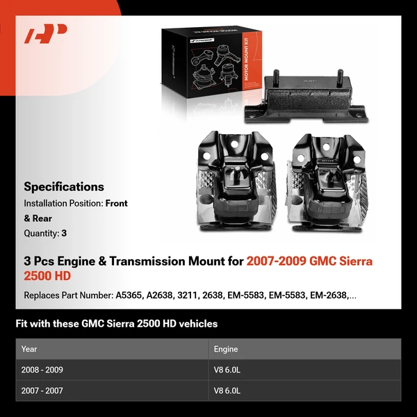 3 Pcs Engine & Transmission Mount for 2007-2009 GMC Sierra 2500 HD