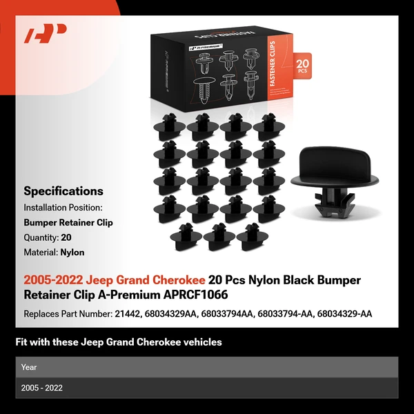 2005-2022 Jeep Grand Cherokee 20 Pcs Nylon Black Bumper Retainer Clip A-Premium APRCF1066