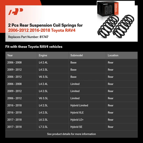 2 Pcs Rear Suspension Coil Springs for 2006-2012 2016-2018 Toyota RAV4