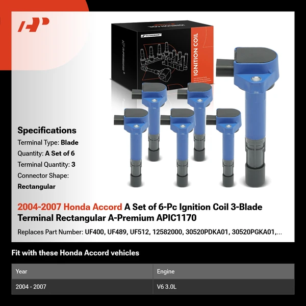 2004-2007 Honda Accord A Set of 6-Pc Ignition Coil 3-Blade Terminal Rectangular A-Premium APIC1170