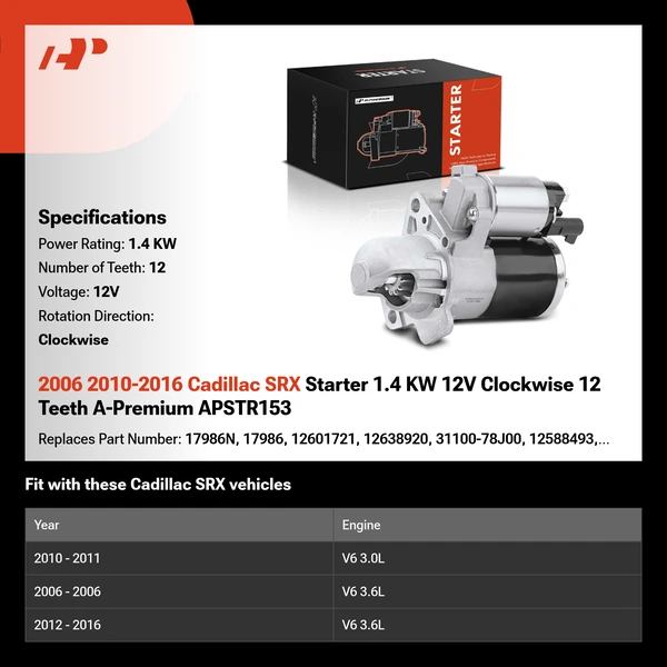 2006 2010-2016 Cadillac SRX Starter 1.4 KW 12V Clockwise 12 Teeth A-Premium APSTR153
