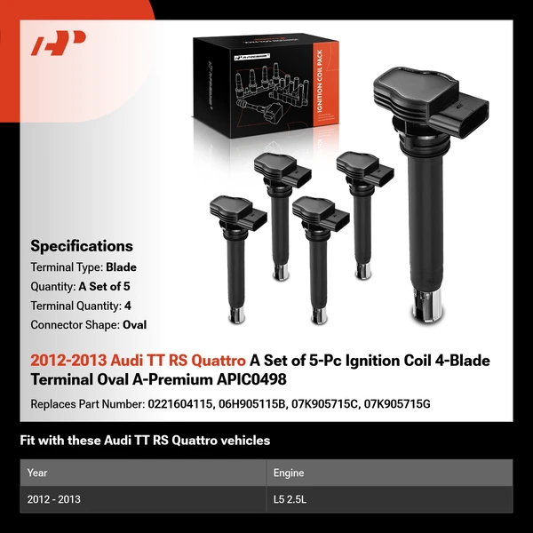 2012-2013 Audi TT RS Quattro A Set of 5-Pc Ignition Coil 4-Blade Terminal Oval A-Premium APIC0498