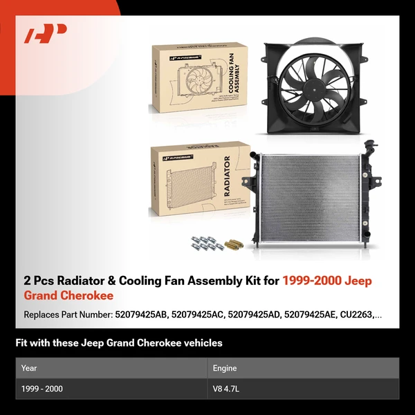 2 Pcs Radiator & Cooling Fan Assembly Kit for 1999-2000 Jeep Grand Cherokee