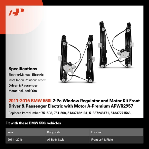2011-2016 BMW 550i 2-Pc Window Regulator and Motor Kit Front Driver & Passenger Electric with Motor A-Premium APWR2957