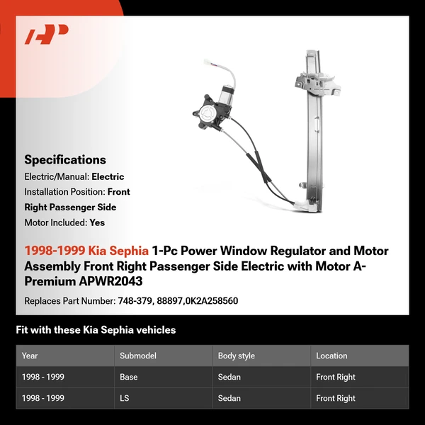 1998-1999 Kia Sephia 1-Pc Power Window Regulator and Motor Assembly Front Right Passenger Side Electric with Motor A-Premium APWR2043