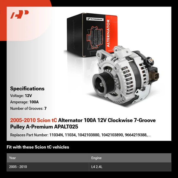 2005-2010 Scion tC Alternator 100A 12V Clockwise 7-Groove Pulley A-Premium APALT025