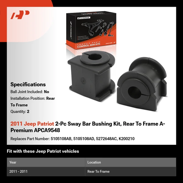 2011 Jeep Patriot 2-Pc Sway Bar Bushing Kit, Rear To Frame A-Premium APCA9548