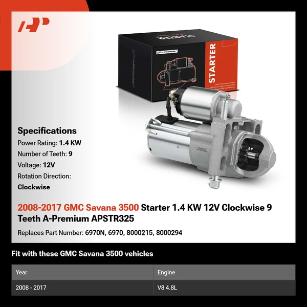 2008-2017 GMC Savana 3500 Starter 1.4 KW 12V Clockwise 9 Teeth A-Premium APSTR325