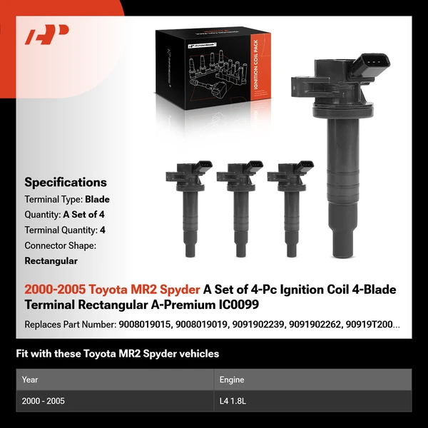 2000-2005 Toyota MR2 Spyder A Set of 4-Pc Ignition Coil 4-Blade Terminal Rectangular A-Premium IC0099
