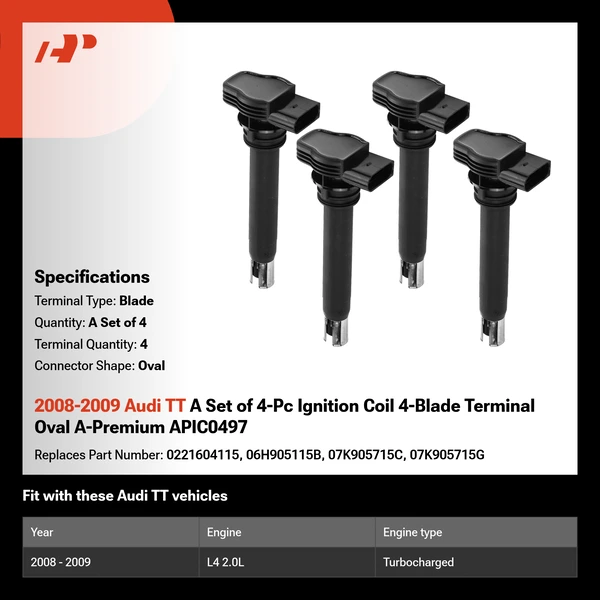 2008-2009 Audi TT A Set of 4-Pc Ignition Coil 4-Blade Terminal Oval A-Premium APIC0497