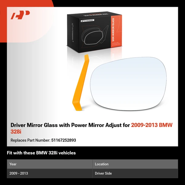 Driver Mirror Glass with Power Mirror Adjust for 2009-2013 BMW 328i