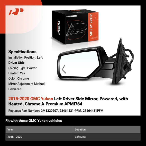 2015-2020 GMC Yukon Left Driver Side Mirror, Powered, with Heated, Chrome A-Premium APMI764