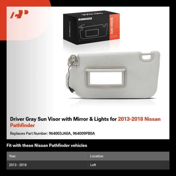 Driver Gray Sun Visor with Mirror & Lights for 2013-2018 Nissan Pathfinder