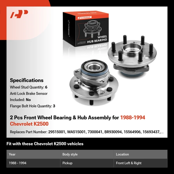 2 Pcs Front Wheel Bearing & Hub Assembly for 1988-1994 Chevrolet K2500