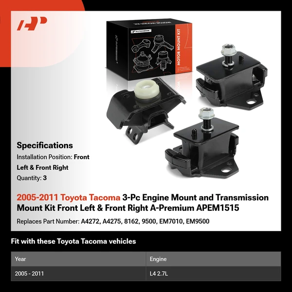 2005-2011 Toyota Tacoma 3-Pc Engine Mount and Transmission Mount Kit Front Left & Front Right A-Premium APEM1515