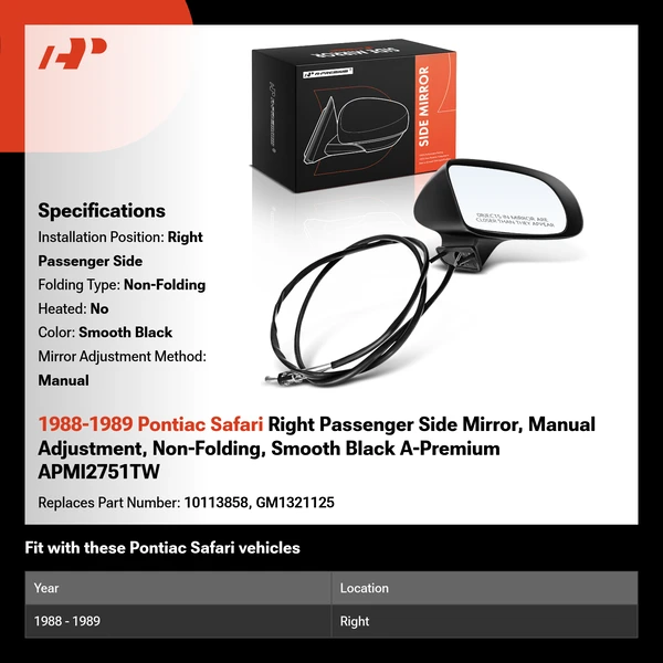 1988-1989 Pontiac Safari Right Passenger Side Mirror, Manual Adjustment, Non-Folding, Smooth Black A-Premium APMI2751TW