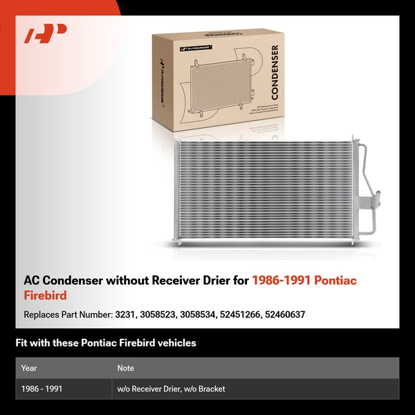 AC Condenser without Receiver Drier for 1986-1991 Pontiac Firebird
