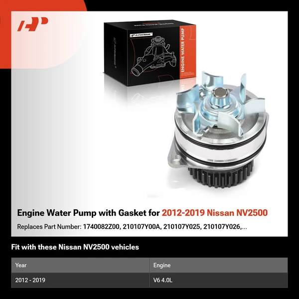 Engine Water Pump with Gasket for 2012-2019 Nissan NV2500