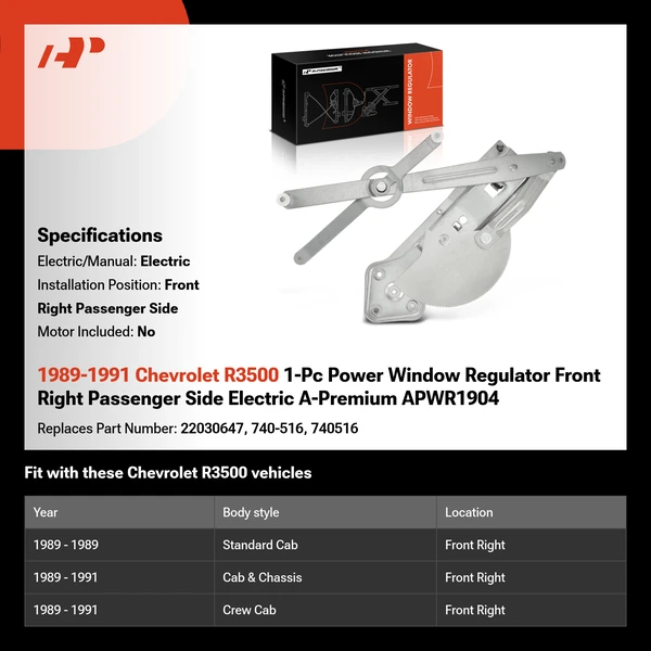 1989-1991 Chevrolet R3500 1-Pc Power Window Regulator Front Right Passenger Side Electric A-Premium APWR1904