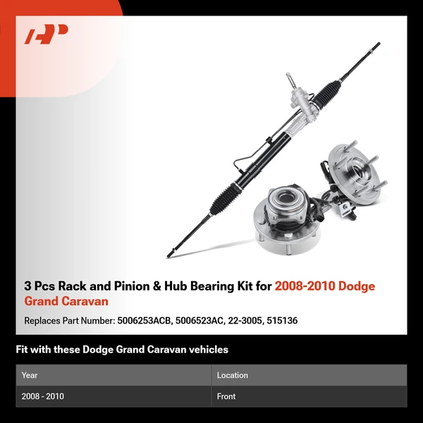 3 Pcs Rack and Pinion & Hub Bearing Kit for 2008-2010 Dodge Grand Caravan