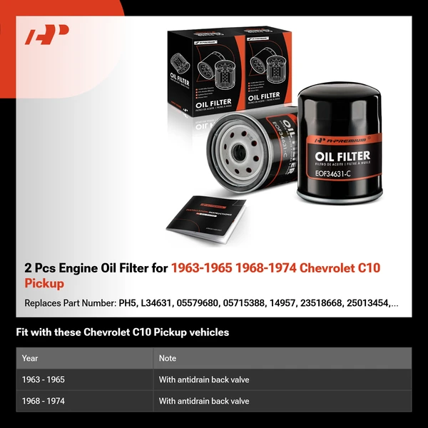 2 Pcs Engine Oil Filter for 1963-1965 1968-1974 Chevrolet C10 Pickup