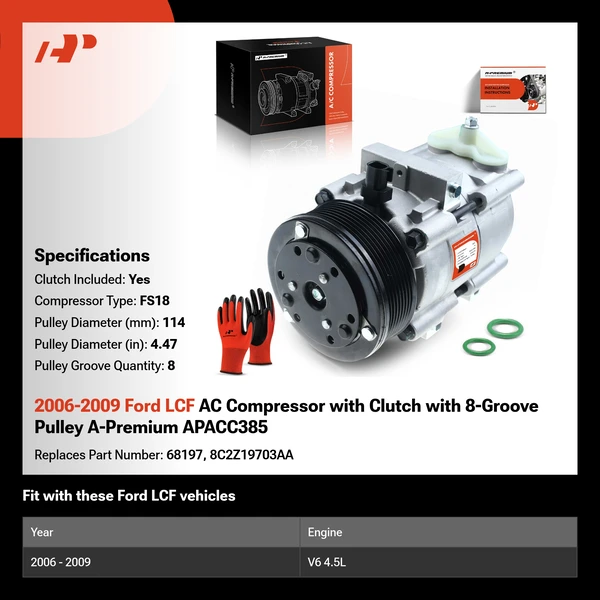 2006-2009 Ford LCF AC Compressor with Clutch with 8-Groove Pulley A-Premium APACC385