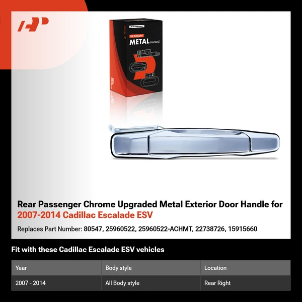 Rear Passenger Chrome Upgraded Metal Exterior Door Handle for 2007-2014 Cadillac Escalade ESV