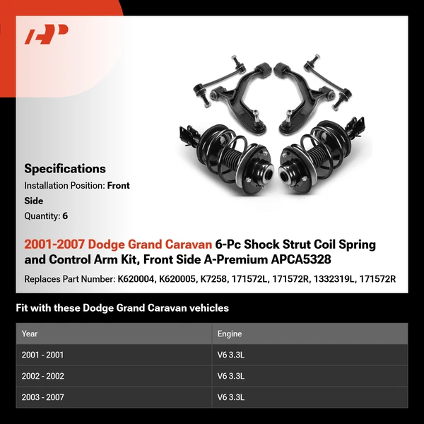2001-2007 Dodge Grand Caravan 6-Pc Shock Strut Coil Spring and Control Arm Kit, Front Side A-Premium APCA5328