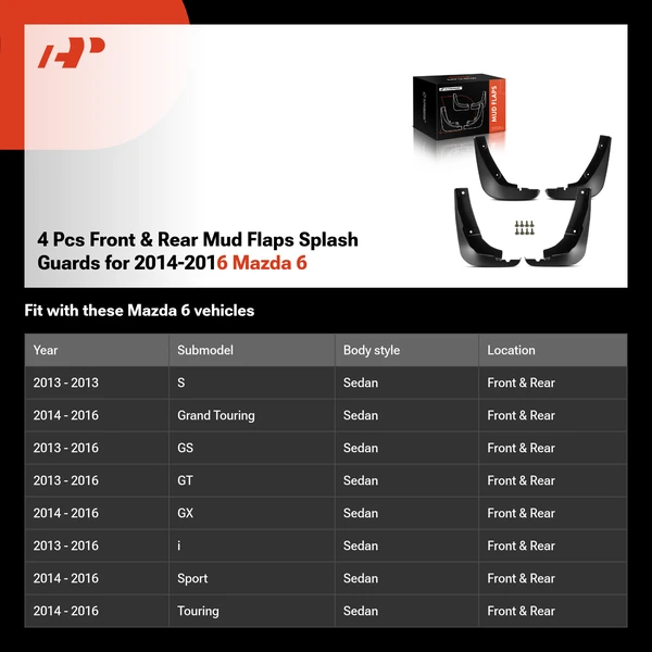 4 Pcs Front & Rear Mud Flaps Splash Guards for 2014-2016 Mazda 6