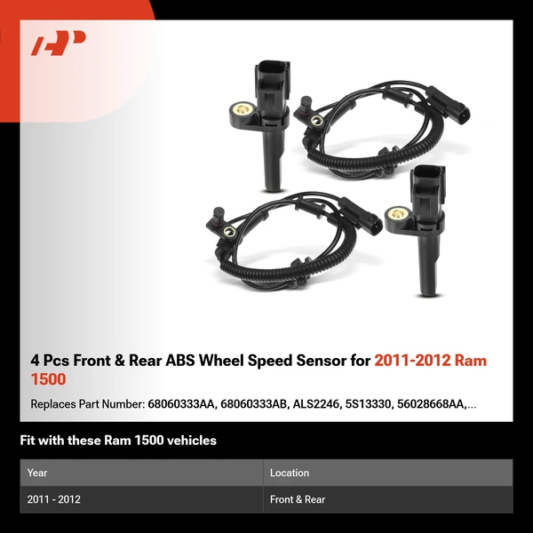 4 Pcs Front & Rear ABS Wheel Speed Sensor for 2011-2012 Ram 1500