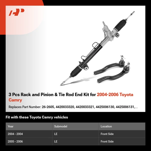 3 Pcs Rack and Pinion & Tie Rod End Kit for 2004-2006 Toyota Camry
