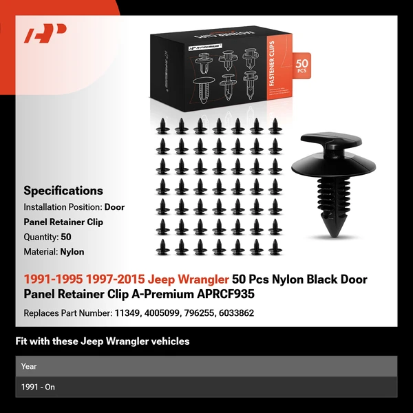 1991-1995 1997-2015 Jeep Wrangler 50 Pcs Nylon Black Door Panel Retainer Clip A-Premium APRCF935