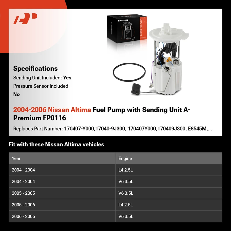 2004-2006 Nissan Altima Fuel Pump with Sending Unit A-Premium FP0116