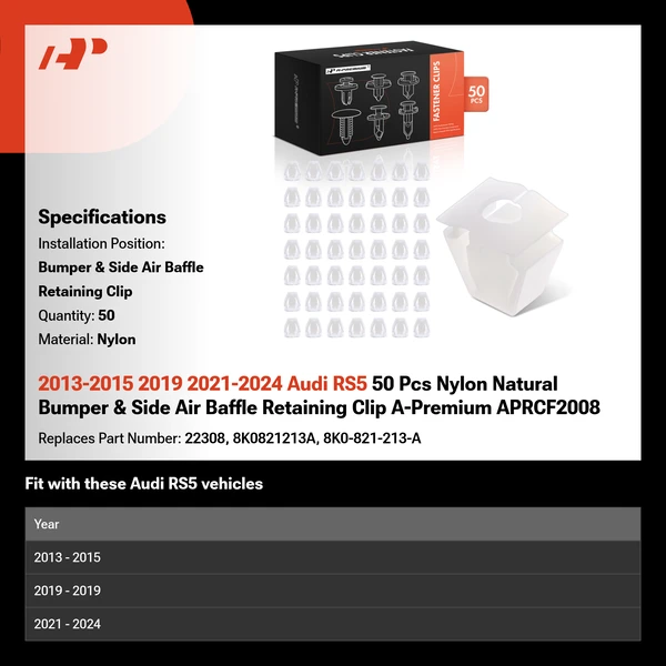 2013-2015 2019 2021-2024 Audi RS5 50 Pcs Nylon Natural Bumper & Side Air Baffle Retaining Clip A-Premium APRCF2008