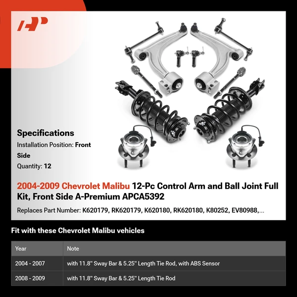 2004-2009 Chevrolet Malibu 12-Pc Control Arm and Ball Joint Full Kit, Front Side A-Premium APCA5392