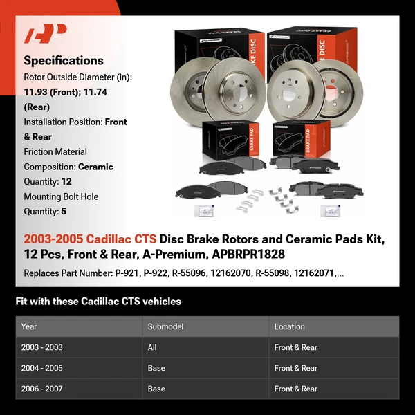 2003-2005 Cadillac CTS Disc Brake Rotors and Ceramic Pads Kit, 12 Pcs, Front & Rear, A-Premium, APBRPR1828