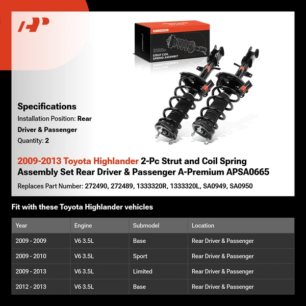 2009-2013 Toyota Highlander 2-Pc Strut and Coil Spring Assembly Set Rear Driver & Passenger A-Premium APSA0665