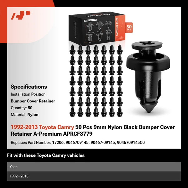 1992-2013 Toyota Camry 50 Pcs 9mm Nylon Black Bumper Cover Retainer A-Premium APRCF3779