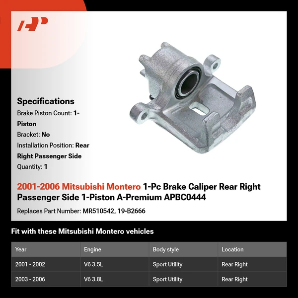 2001-2006 Mitsubishi Montero 1-Pc Brake Caliper Rear Right Passenger Side 1-Piston A-Premium APBC0444