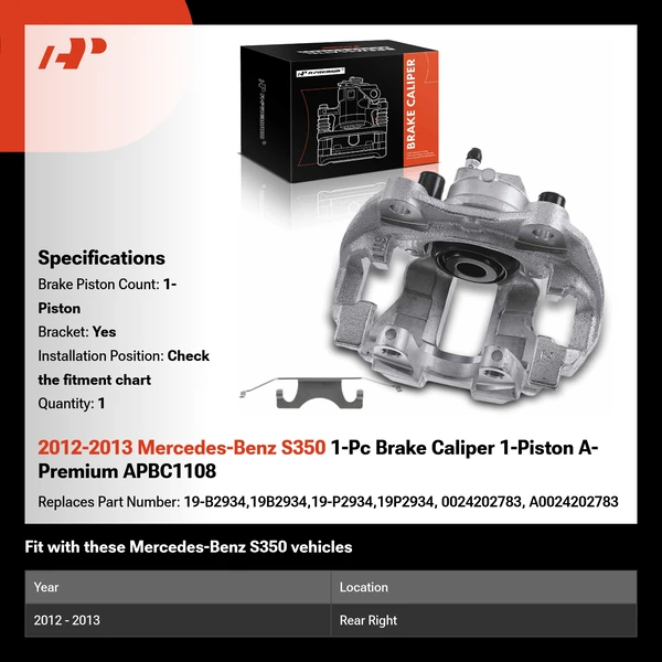2012-2013 Mercedes-Benz S350 1-Pc Brake Caliper 1-Piston A-Premium APBC1108