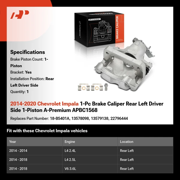 2014-2020 Chevrolet Impala 1-Pc Brake Caliper Rear Left Driver Side 1-Piston A-Premium APBC1568